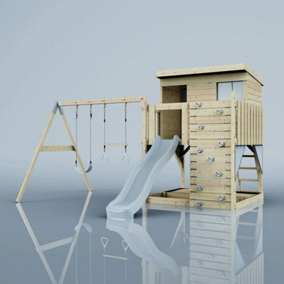 Polarplay Garden Climbing Platform And Playhouse With Double Swing For KidsNils With Trapeze Ice Blue from B&Q