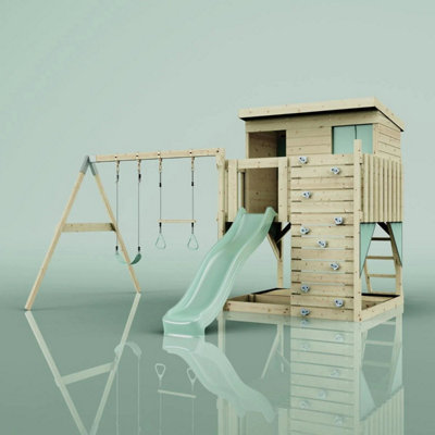 Polarplay Garden Climbing Platform And Playhouse With Double Swing For KidsNils With Trapeze Mint Green from B&Q