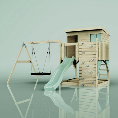 Polarplay Garden Climbing Platform And Playhouse With Single Swing For KidsNils Nest Mint Green from B&Q