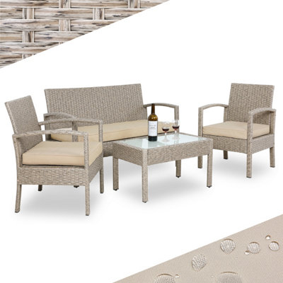 Casaria 4-Seater Poly Rattan Garden Furniture Lounge Set Frosted Glass Table Cream from B&Q