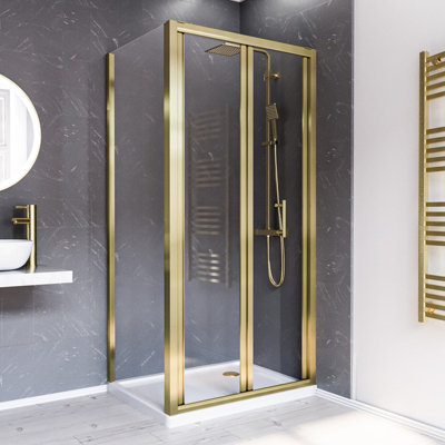 Nes Home Brushed Brass 1000mm Bi-Fold Shower Door 700mm Side Panel With Tray from B&Q