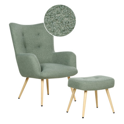 B&Q -  Wingback Chair Vejle With Footstool Boucle Light Green