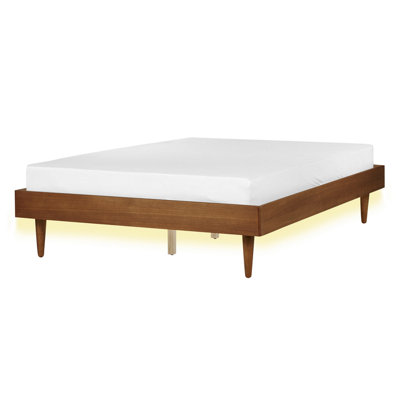 Beliani Bed With Led Toucy 140 X 200 Cm (Eu Double) Brown Ash Wood