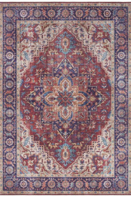 B&Q -  Oriental Anthea RugVintage Medallion Polyester Flatweave 0.5Cm In Red