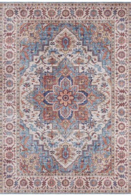 B&Q -  Oriental Anthea RugVintage Medallion Polyester Flatweave 0.5Cm In Blue