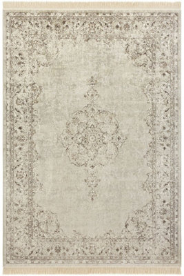 B&Q -  Oriental Velvet Vintage Medallion RugFringed Viscose Carpet In Cream