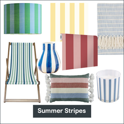 A collage of "summer stripe" themed items: a pillow, lampshade, wallpaper, pot, blanket, and vase, embodying colourful stripes.