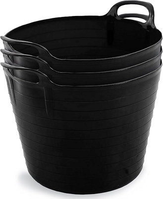 42L Black Flexi Tubs- Multi Purpose Flexible Rubber Storage Container Buckets- Set of 3