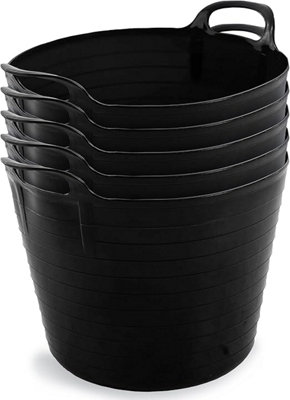 42L Black Flexi Tubs- Multi Purpose Flexible Rubber Storage Container Buckets- Set of 5