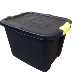 42L Heavy Duty Storage Tub Sturdy, Lockable, Stackable and Nestable Design Storage Chest with Clips in Black
