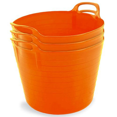 42L Orange Flexi Tubs- Multi Purpose Flexible Rubber Storage Container Buckets- Set of 3