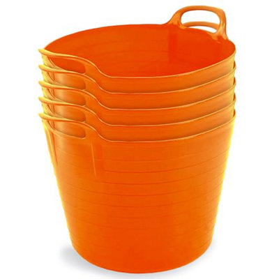 42L Orange Flexi Tubs- Multi Purpose Flexible Rubber Storage Container Buckets- Set of 5