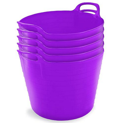 42L Purple Flexi Tubs- Multi Purpose Flexible Rubber Storage Container Buckets- Set of 5