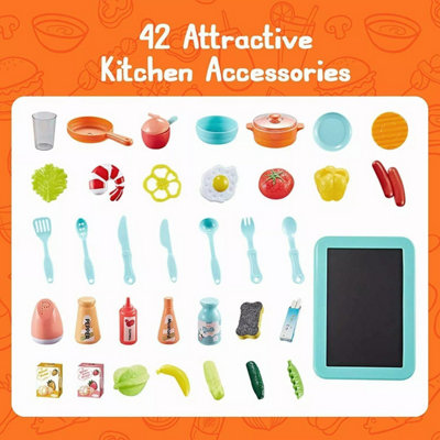 42PCS Kids Kitchen Playset with Sound & Light, Cooking Stove, Play Sink ...