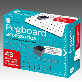 43 Piece Pegboard Accessory Pack - Plated Steel Rail, Hook & Bin Fittings for Storing Tools & Accessories in Home or Garage