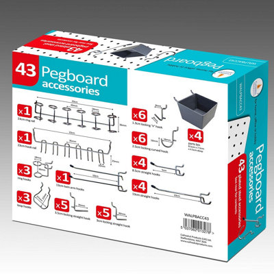 43 Piece Pegboard Accessory Pack - Plated Steel Rail, Hook & Bin Fittings for Storing Tools & Accessories in Home or Garage