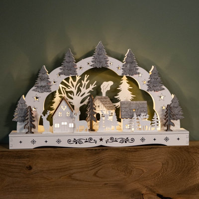 430 Battery Operated White Wooden Reindeer & Village Scene Christmas Candle Bridge with LEDs