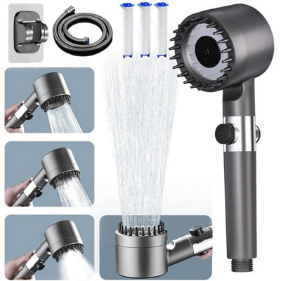 B&Q High Pressure Handheld Shower Head With 3 Filters, 4 Spray Modes, Pause Switch, Silicone Scalp Massager, 1.5M Hose, Bracket