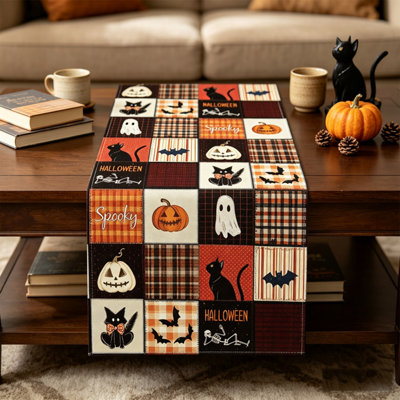 B&Q Vintage Halloween Table Runner Halloween Decor33X230Cm, Ghost Pumpkin Black Cat Bat, Seasonal Kitchen Dining Home Decor