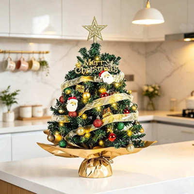 Amorly 60Cm Pre Decorated Tabletop Christmas Tree, Desktop Xmas Tree With Led Lights, Star Topper And Bauble Ornaments For Indoor Holiday