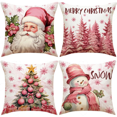 Amorly Set Of 4 Pink Christmas Cushion Covers, Santa, Snowman Christmas Tree Printed Pillow Cases, Festive Home Xmas Decor For Sofa