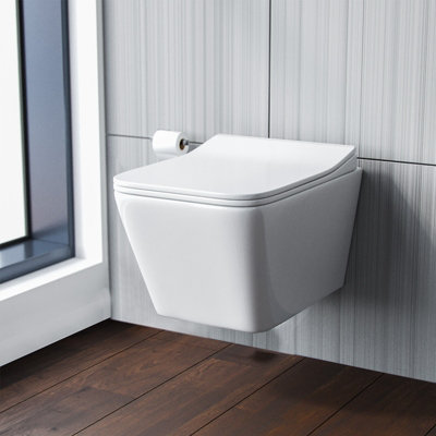 Nes Home Inton Rimless Wall Hung Toilet Pan + Soft Close Toilet Seat from B&Q