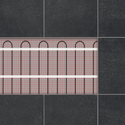 Cut out of bathroom tiles showing underfloor heating underneath.