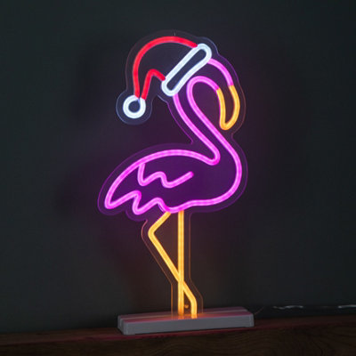 43cm Light up Neon Effect Flamingo with Santa Hat on Base with Multi ...