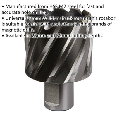 43mm x 25mm Depth Rotabor Cutter - M2 Steel Annular Metal Core Drill 19mm Shank