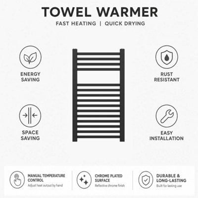 450 x 800mm Black Square Bathroom Towel Rail Radiator For Central Heating