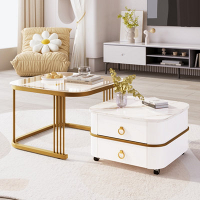 HomeTouch Set Of 2 High Gloss Marble Nestable Coffee Tables With Drawer And Gold Accents