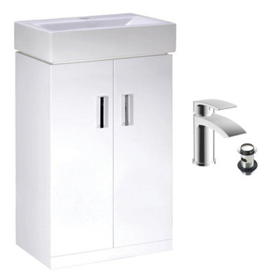 450mm Gloss White 2 Door Floorstanding Vanity Basin Sink Unit & Chrome Sleek Waterfall Tap & Waste