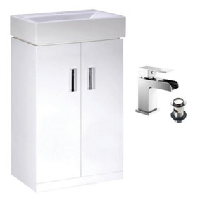 450mm Gloss White 2 Door Floorstanding Vanity Basin Sink Unit & Chrome Waterfall Tap & Waste