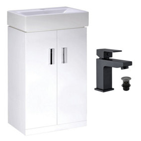 450mm Gloss White 2 Door Floorstanding Vanity Basin Sink Unit & Matt Black Form Tap & Waste