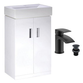 450mm Gloss White 2 Door Floorstanding Vanity Basin Sink Unit & Matt Black Sleek Waterfall Tap & Waste