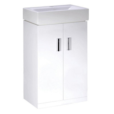 450mm Gloss White 2 Door Floorstanding Vanity Basin Sink Unit & Matt Black Sleek Waterfall Tap & Waste