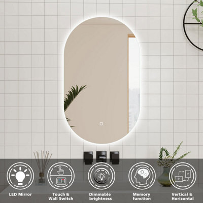 450X750MM BATHROOM OVAL MIRROR WITH DIMMABLE ILLUMINATED LED,TOUCH ...