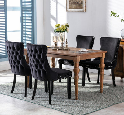 HomeTouch Set Of 4 Lux Velvet Tufted Kitchen Dining Chairs With Wooden LegsHigh Back Office Bedroom Chairs Black from B&Q