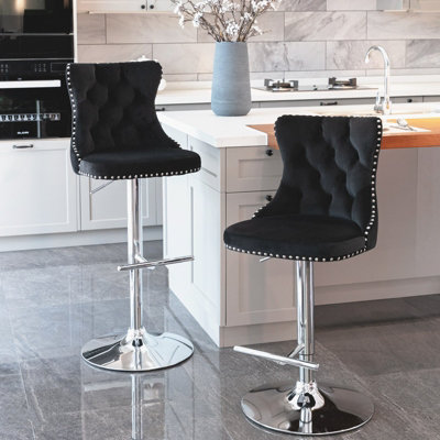 HomeTouch Vero Set Of 6 Luxury Black Velvet Bar Stools Adjustable Swivel Breakfast Barstools Bar Chairs For Counter Kitchen Island from B&Q