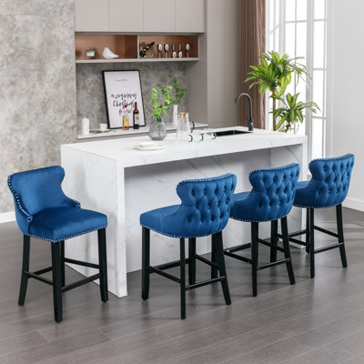 HomeTouch Set Of 4 Contemporary Velvet Upholstered Wing-Back Barstools Blue from B&Q