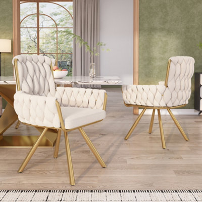 B&Q -  Set Of 2 Velvet Swivel Dining Chairs With Gold Metal Legs Beige