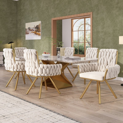 B&Q -  Set Of 6 Velvet Swivel Dining Chairs With Gold Metal Legs Beige
