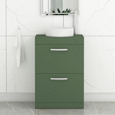 B&Q -  Turin 600mm Freestanding Bathroom Vanity Unit With Sink 2 Drawer Matt Green & Art Countertop Basin