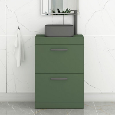 B&Q -  Turin 600mm Freestanding Bathroom Vanity Unit With Sink 2 Drawer Matt Green & Art Square Countertop Basin
