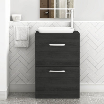 B&Q -  Turin 800mm Freestanding Bathroom Vanity Unit With Sink 2 Door Hale Black & Qubix Countertop Basin