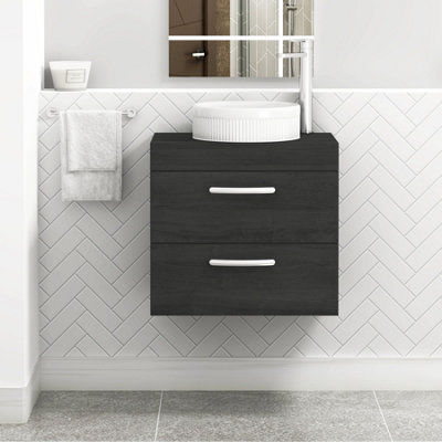 B&Q -  Turin 600mm Wall Mounted Bathroom Vanity Unit With Sink 2 Drawer Hale Black & Round Countertop Basin