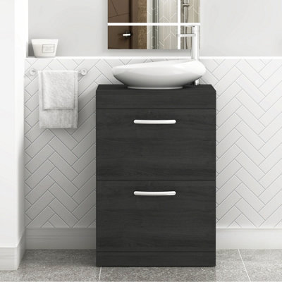 B&Q -  Turin 600mm Freestanding Bathroom Vanity Unit With Sink 2 Drawer Hale Black & Nova Countertop Basin