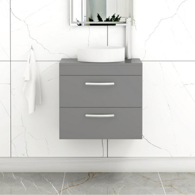 B&Q -  Turin 500mm Wall Mounted Bathroom Vanity Unit With Sink 2 Drawer Indigo Grey Gloss & Art Countertop Basin