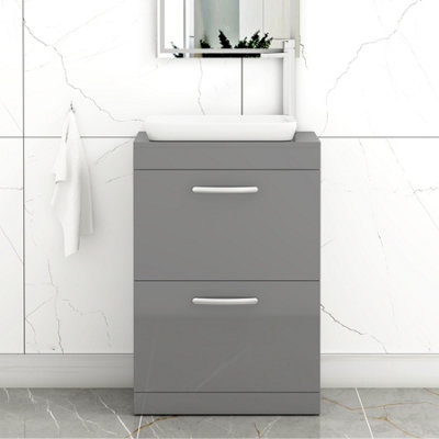 B&Q -  Turin 600mm Freestanding Bathroom Vanity Unit With Sink 2 Drawer Indigo Grey Gloss & Qubix Countertop Basin