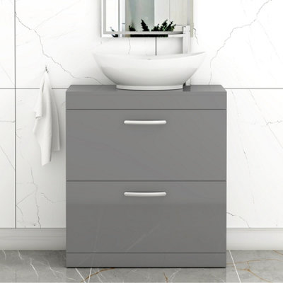 B&Q -  Turin 600mm Freestanding Bathroom Vanity Unit With Sink 2 Drawer Indigo Grey Gloss & Amaze Countertop Basin
